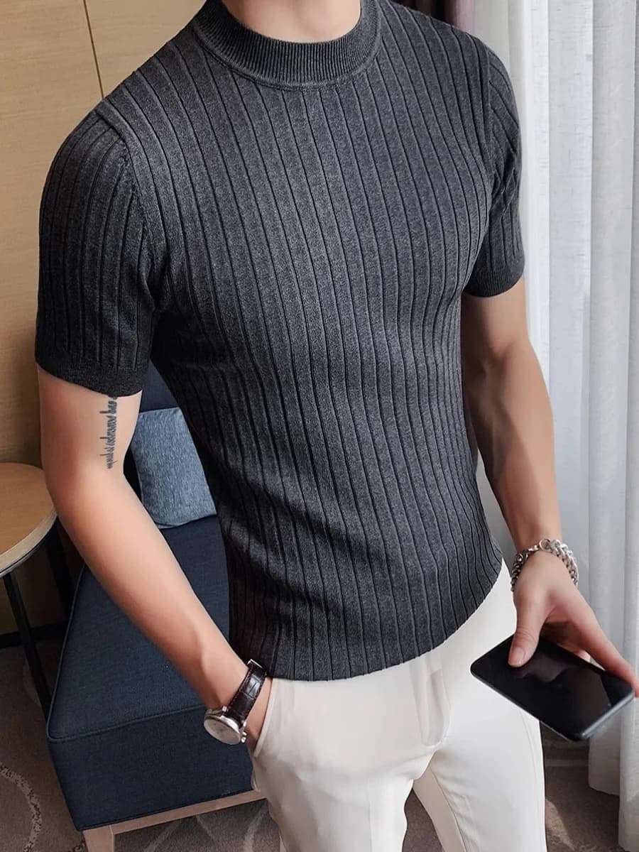 Maglia Estiva Sottile a Collo Tondo in Maglia a Maniche Corte da Uomo, Trendy, Slim Fit, Elastica, a Righe Scure, Leggera, Stile Maturato