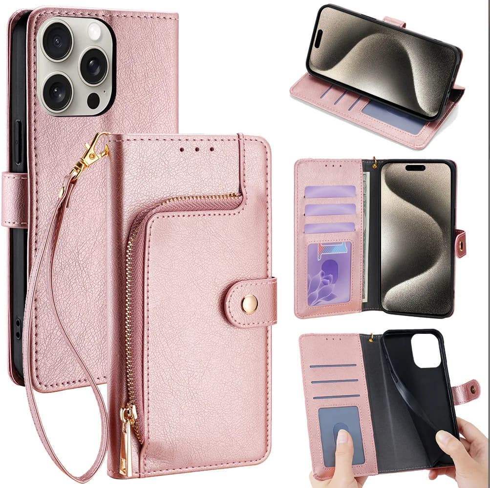 Wrist Lanyard Zipper Pocket Case for Redmi K90 Pro Max K80 Ultra K70 K60 K50 K40 Leather 3 Card Slots Handbag Wallet Flip Cover