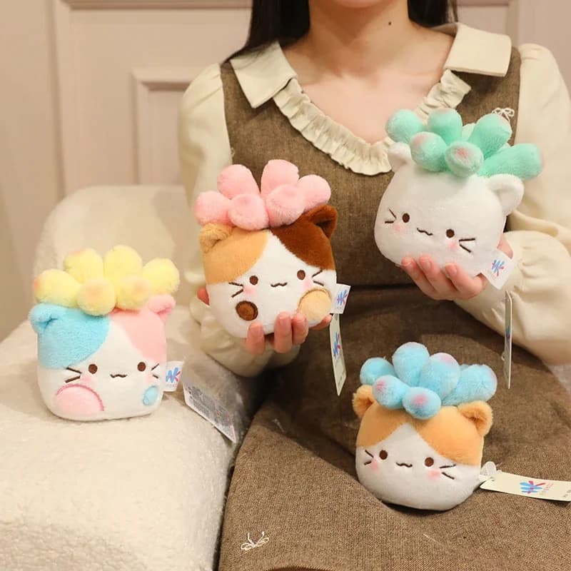 Peluche Gatto Succulento Bianco e Verde, Morbido e Soffice, Pianta in Vaso, Animale Imbottito Kawaii per Decorazione Scrivania