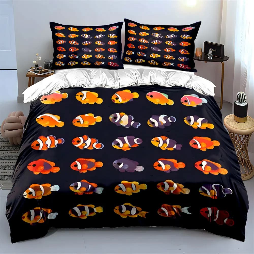 Collezione di pesci pagliaccio colorati in stile cartone animato. Set di biancheria da letto con copripiumino morbido e confortevole. Include 1 copripiumino e 2 federe.