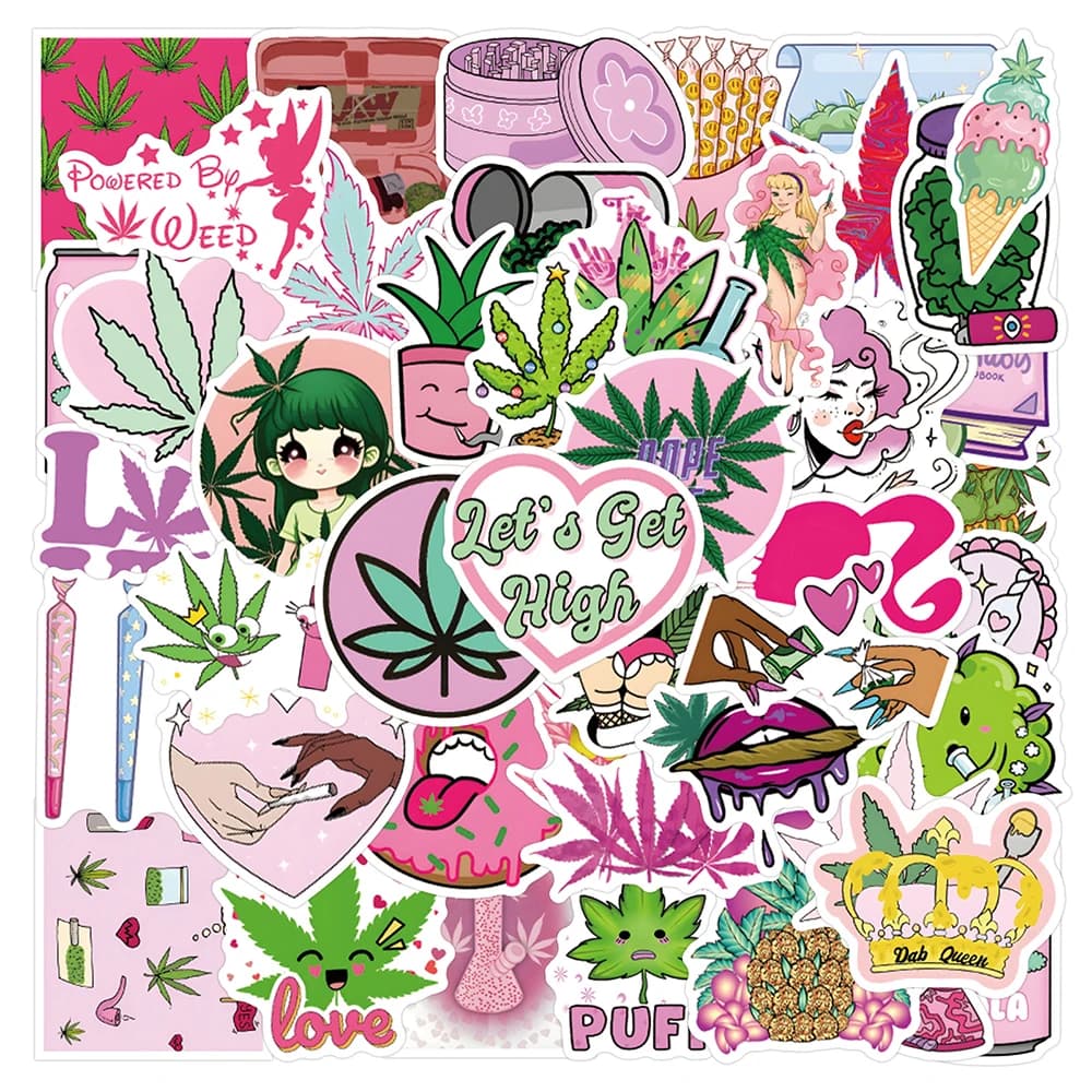 10/30/55/110pcs Divertenti Foglie di Canapa Erbaccia Fumatori Adesivi Cartoon Rosa Graffiti Decorazione Decalcomanie per Bottiglia d'acqua Telefono Notebook