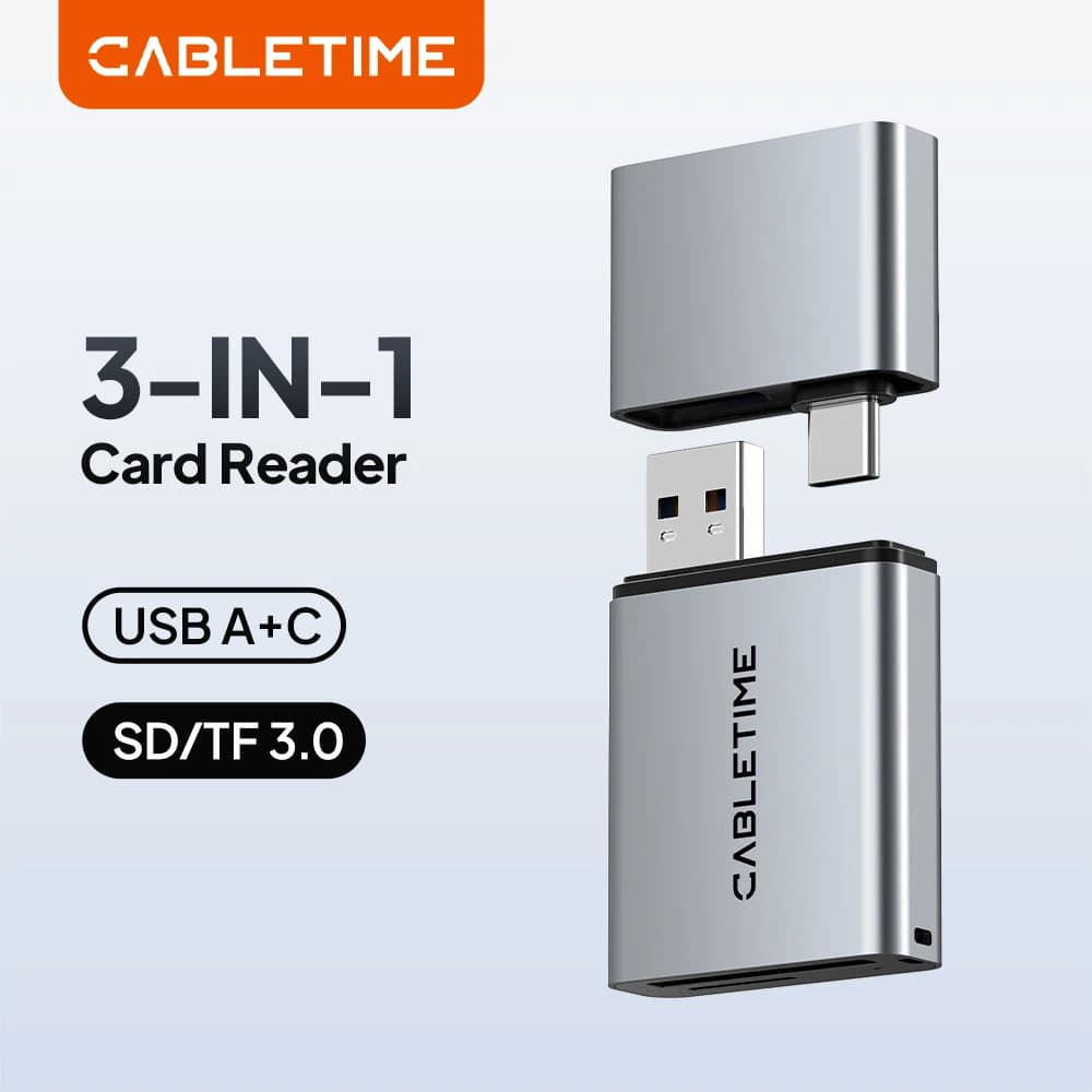 Lettore di schede CABLETIME 3 in 1 USB 3.0 5 Gbps USB A USB C Design combinato Schede SD/TF Lega di alluminio portatile per iPhone iPad