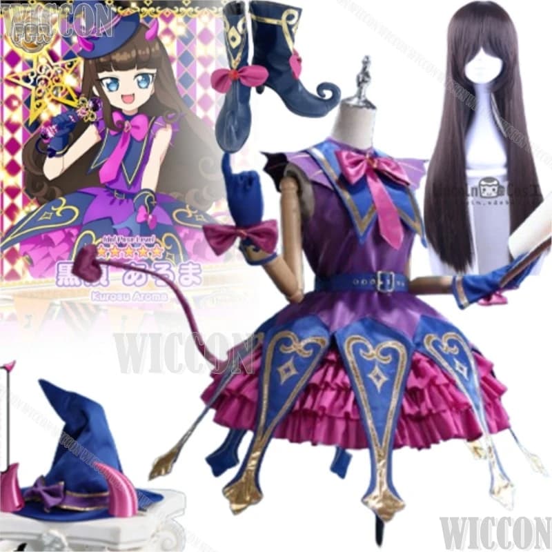 Costume Cosplay Anime Pripara Kurosu Aroma, Abito Lolita Viola, Cappello, Parrucca, Scarpe, Stile Gotico Scuro per Donna, Ideale per Feste di Halloween