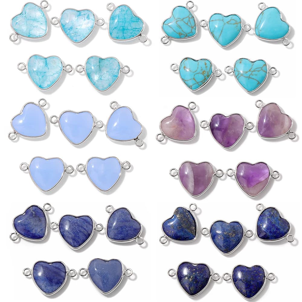 3 pz 15 MM Cuore Agata Blu Doppio Connettore Pendenti In Pietra Naturale Dalmazione Pendenti E Ciondoli di Cristallo Per Gioielli FAI DA TE Che Fanno Braccialetti