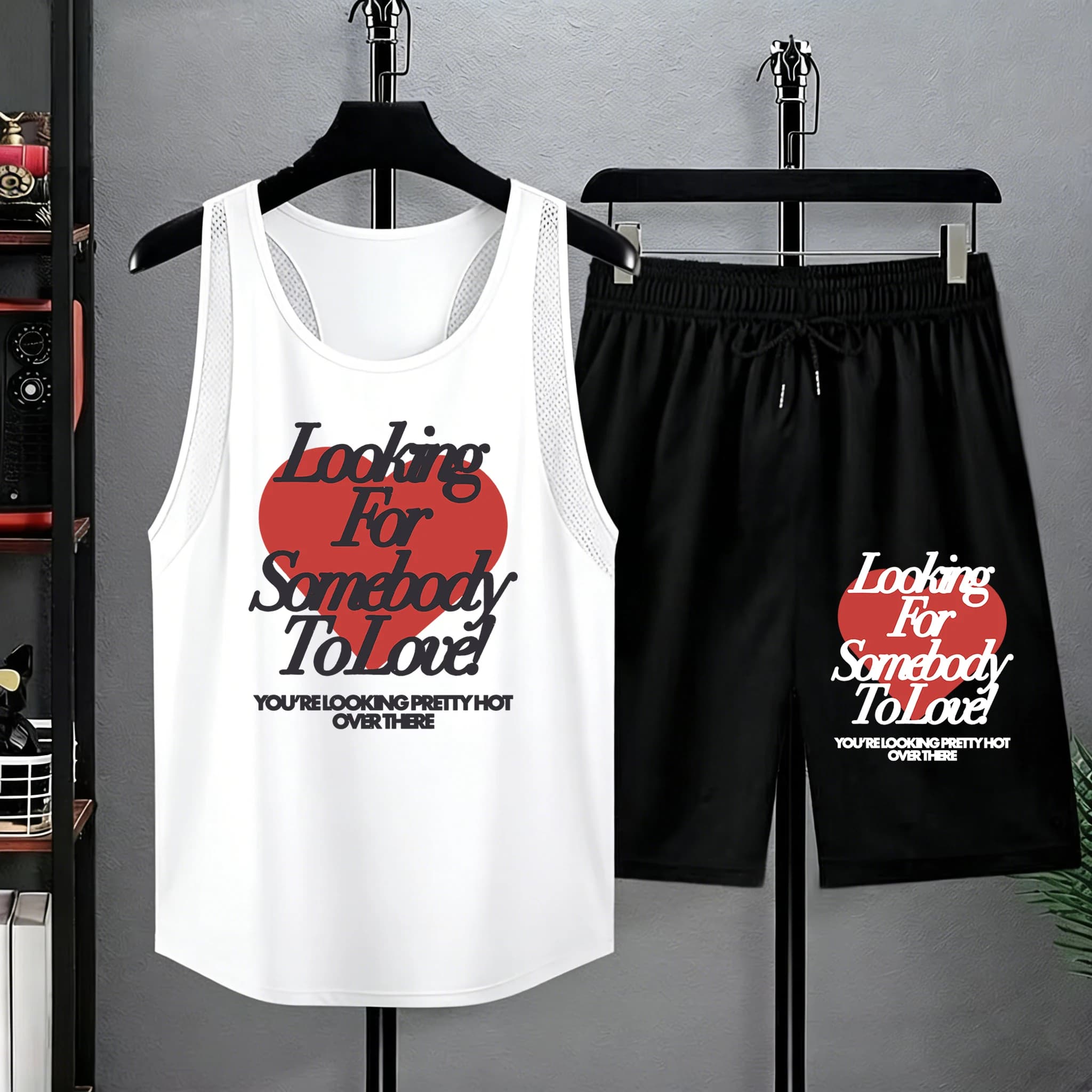 Men's Summer Set with Design 'Looking For Somebody To Love', Simple and Versatile Full with Canotta and Soft Shorts, Casual and Sporty Style