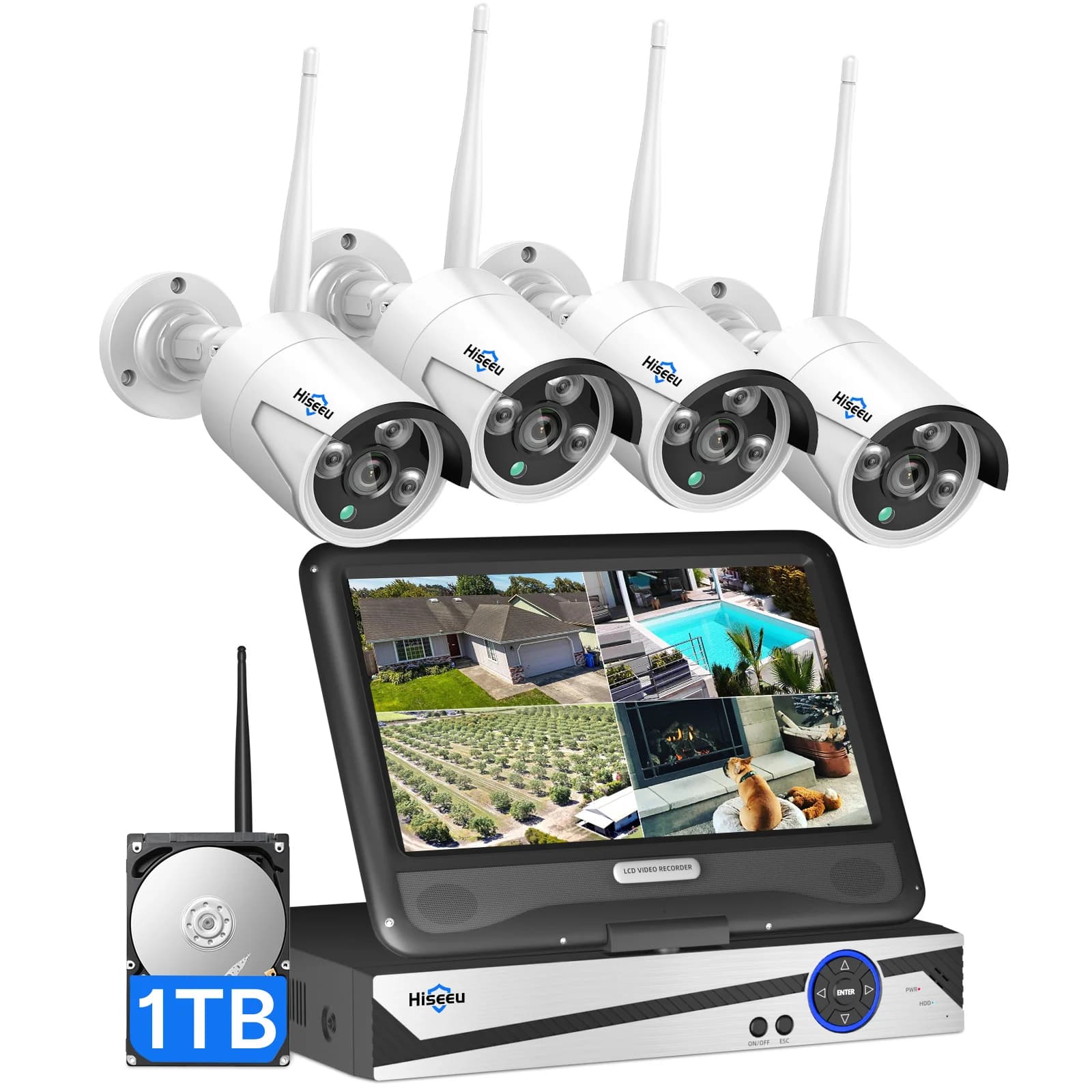 Hiseeu Monitor da 10 pollici 4MP WiFi esterno con audio visione notturna Cctv sistema di telecamere di sicurezza domestica wireless