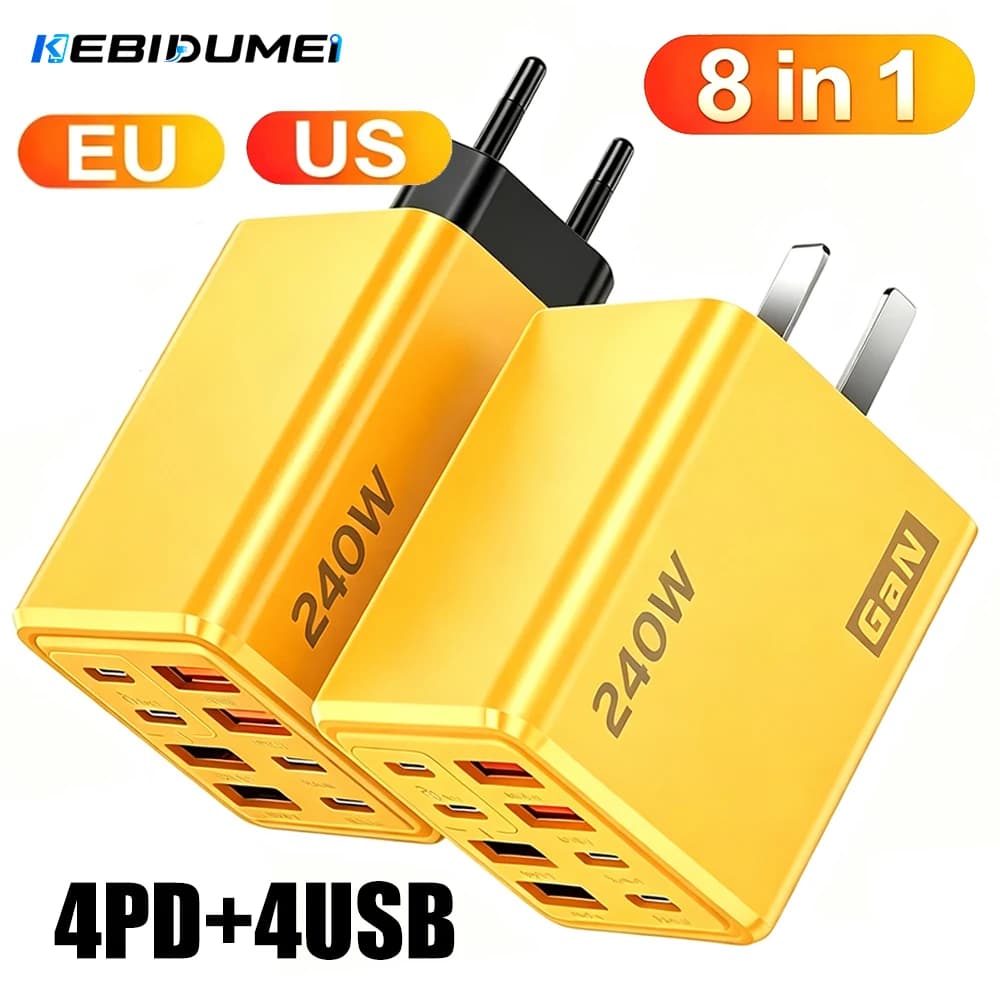 KEBIDUMEI 240W 8 in 1 USB C GaN Desktop Charger Fast Charge Phone Adapter Type C Cable For Smart Phone EU/US Plug Charger