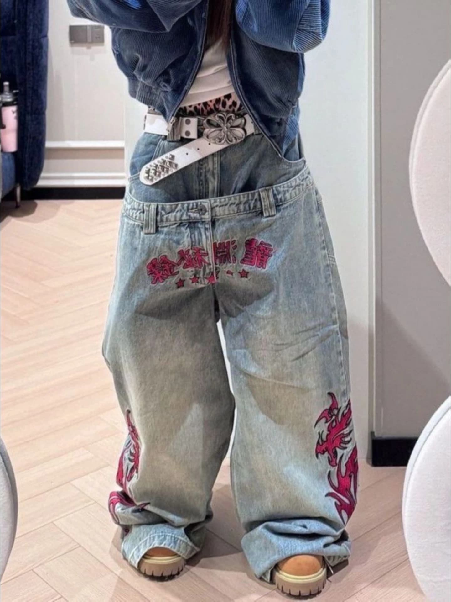 Jeans Oversize Stile Street Americano con Totem Ricamato, Gamba Larga, Vita Alta, Pantaloni in Denim per Donna, Abbigliamento Casual