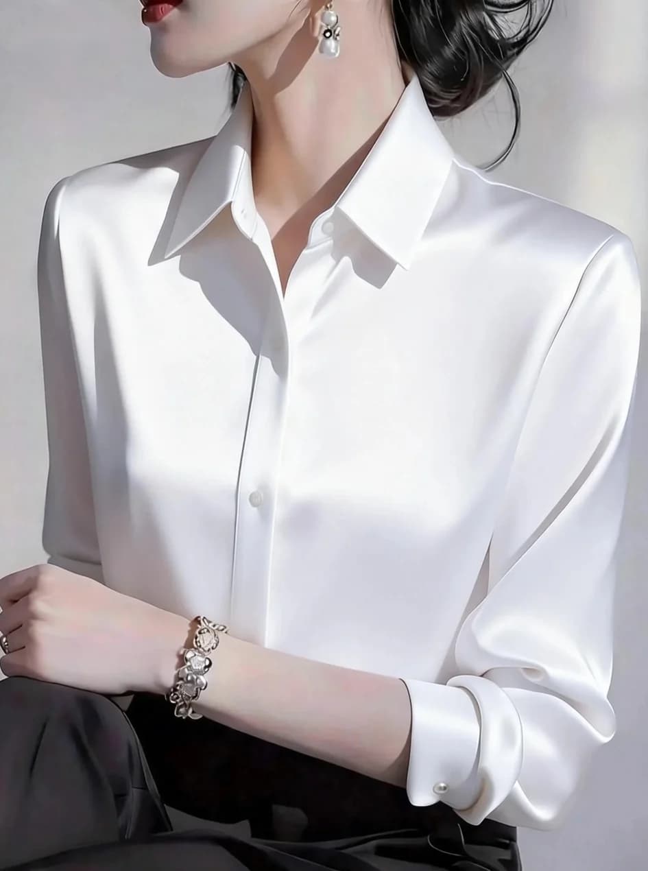Women Satin Button Down Shirt Long Sleeve Formal Work Blouse Top
