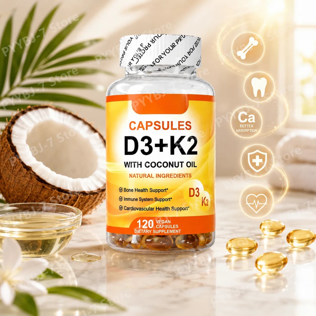 Integratore di Vitamina D3 + K2 MK-7, 120 Capsule Vegane con Olio di Cocco, Supporto per Ossa e Benessere Quotidiano, Immunità per Adulti