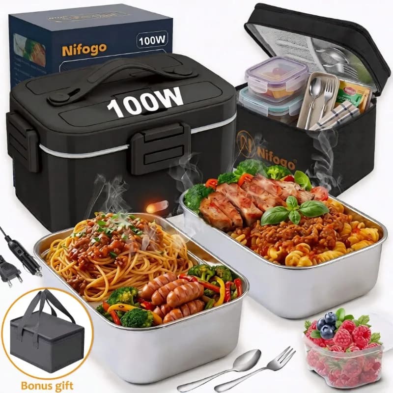 100W Electric Heated Lunch Box, 1.8L 304 Stainless Steel Food Warmer, 12V/24V/110V Dual Use for Car & Home, Portable Leakproof Heating Lunch Container with Insulated Bag for Truck, Office, Travel