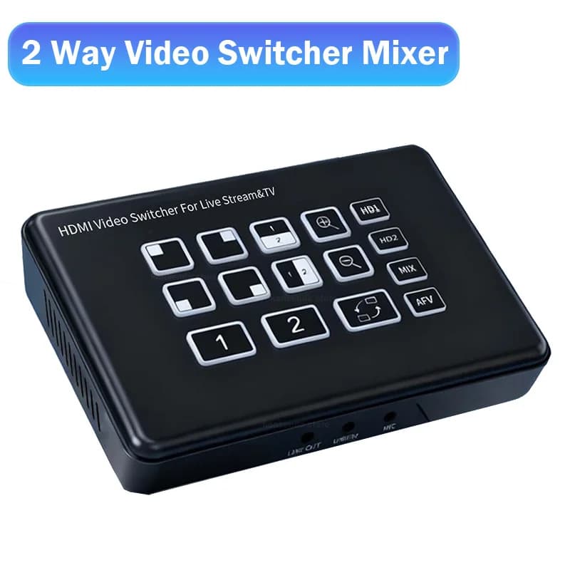 2 Way HDMI Video Switch Mixer 2 Inputs 1080P Live Transmission Streaming Recording USB C with Microphone Line in Audio Mixing for PC with Camera