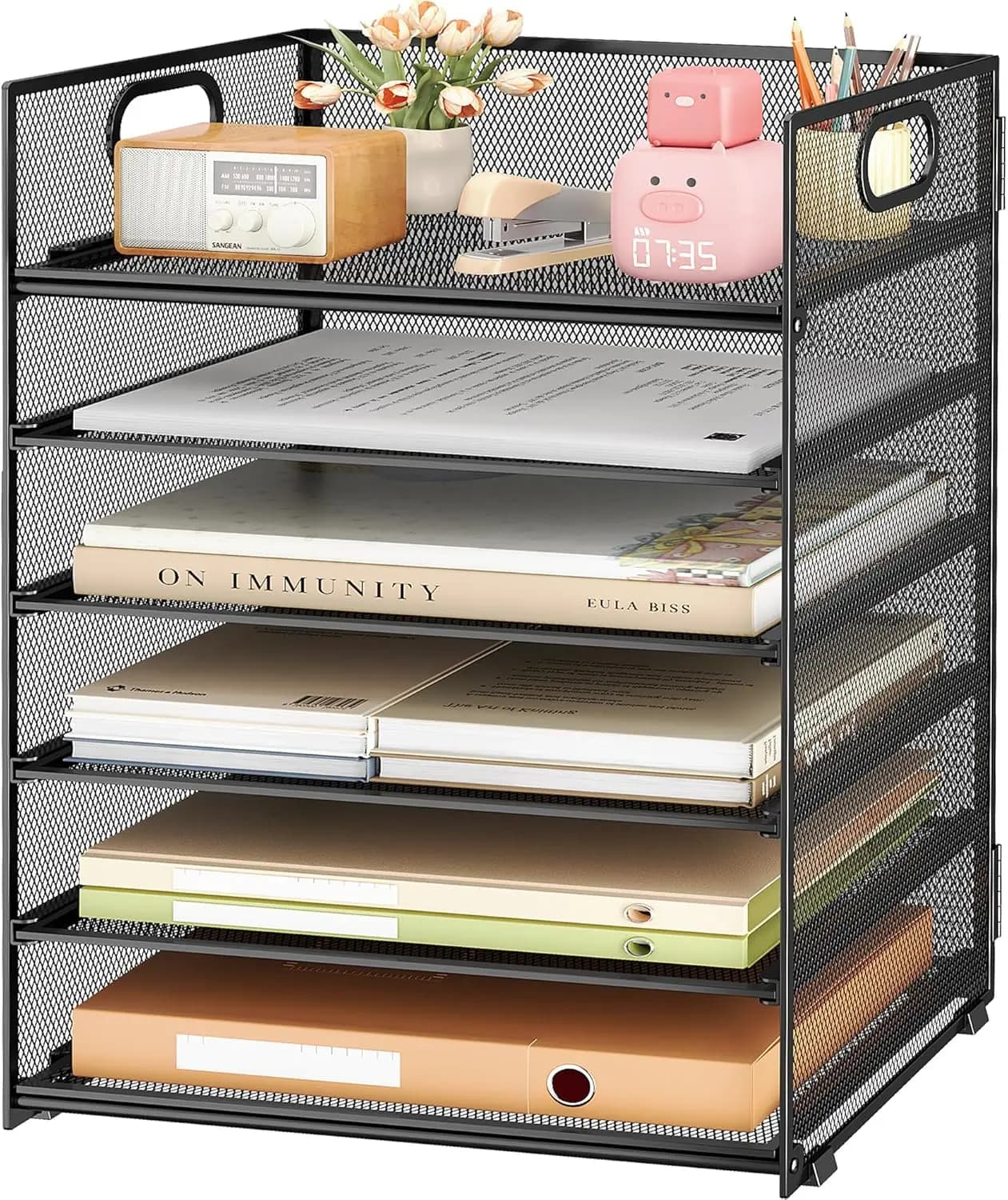 6-Tier Mesh Paper File Tray Organizer for Desk, Stackable Letter Tray with Handle, Black Office Supplies Storage