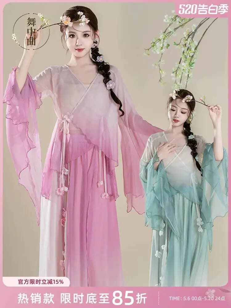 Dance Of The Mid-Autumn Festival Classical Dance Costume, Ethereal Floral Gradient Gauze Dress, Flowing Large Skirt, Chinese
