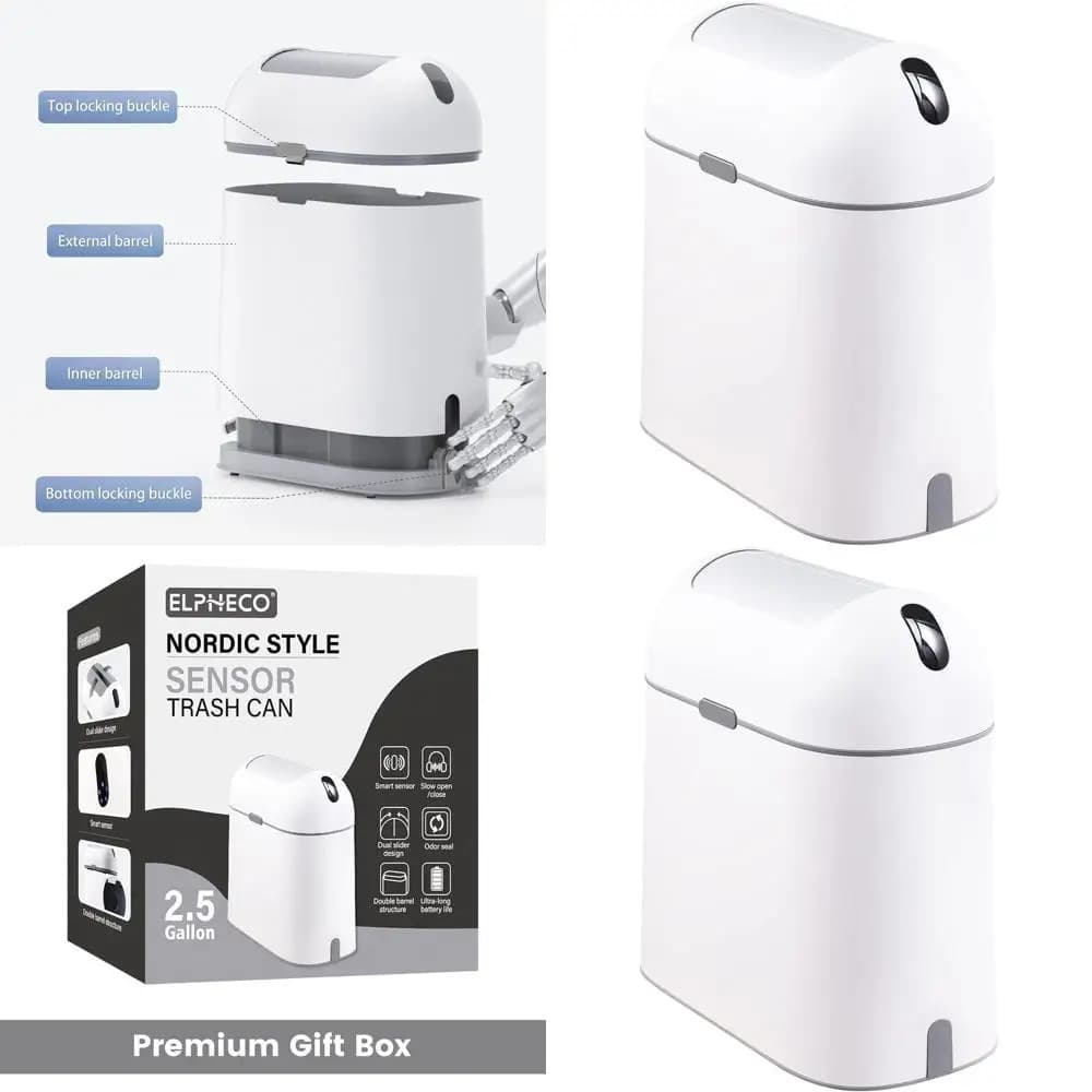Cestino per Rifiuti con Sensore di Movimento da 2,5 Galloni, Bidone Impermeabile per Bagno e Ufficio, Bianco con Pulsante Grigio