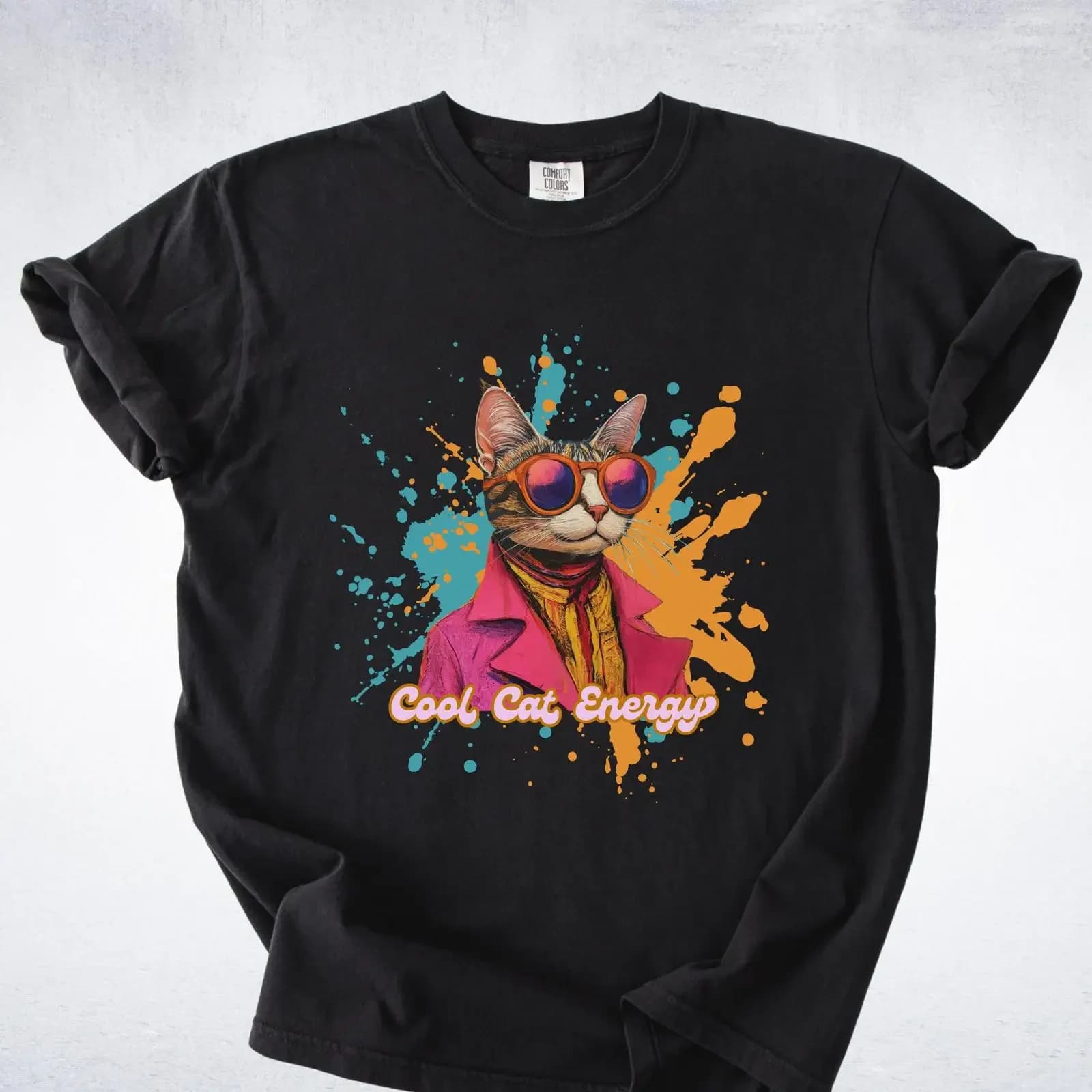 T-shirt Oversize Vintage Lavata con Stampa Gatto Divertente con Occhiali da Sole - Stile Boho Streetwear per Amanti della Moda
