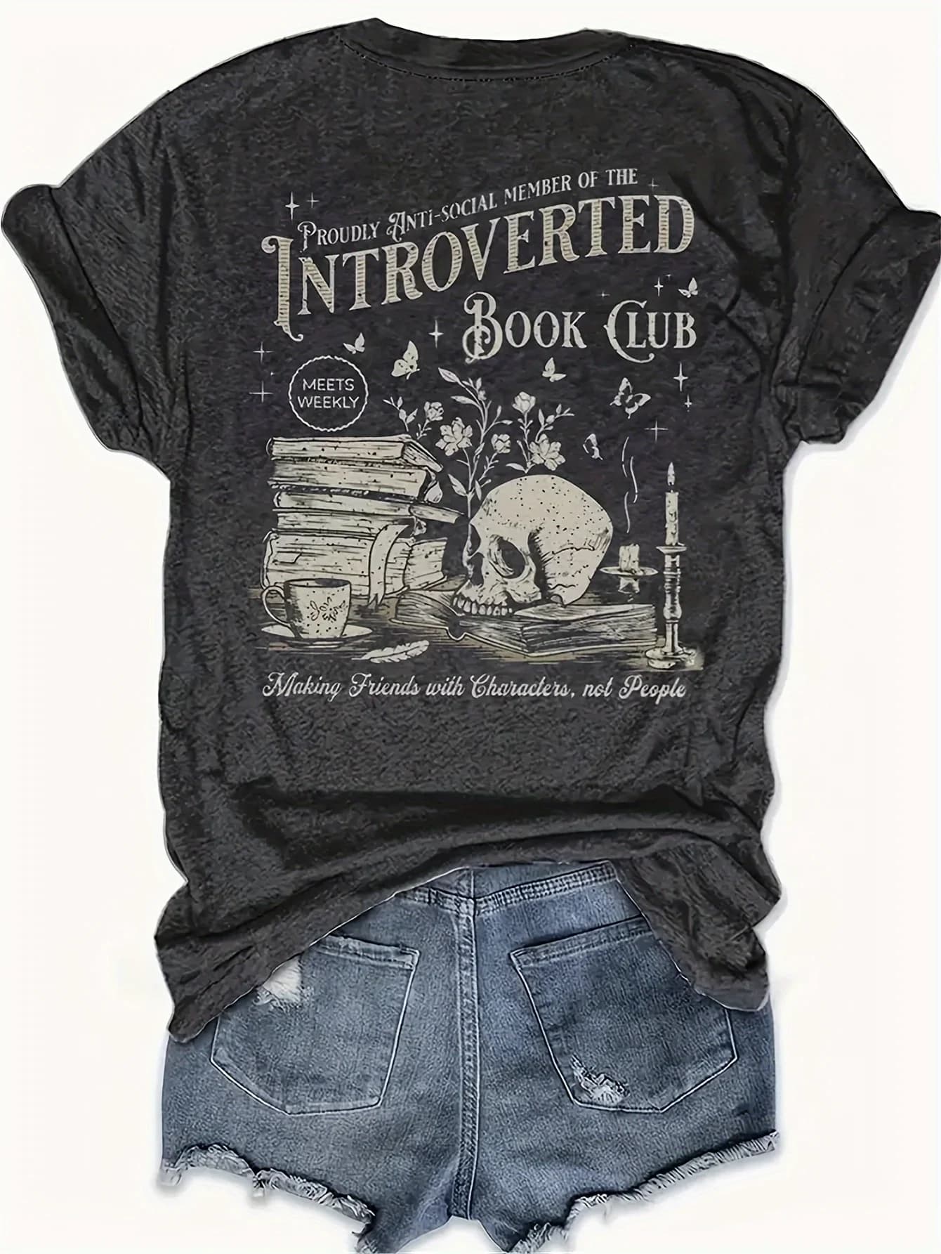 Maglietta da donna Introverted Book Club - Grafica con teschio e libri, top casual grigio scuro