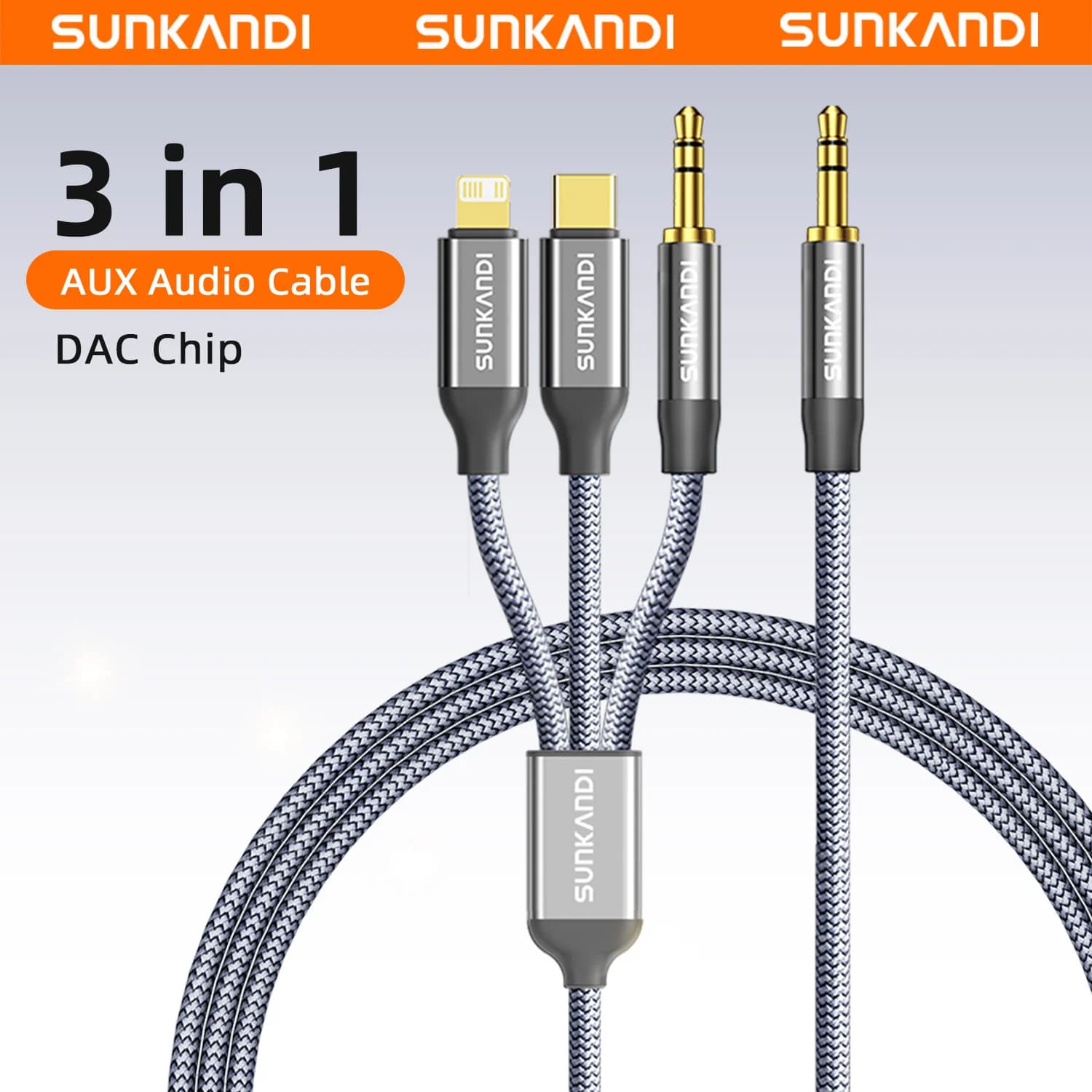 SUNKANDI 3 in 1 3.5mm to IP+3.5mm+USB-C Audio Cable Adapter for iPhone iPad Car Speaker Male to Male USB-C Converter Cable