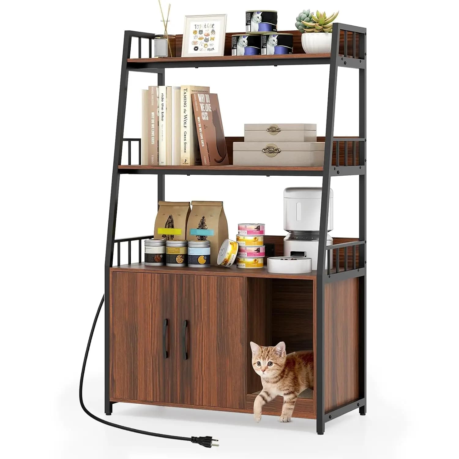 Cat Litter Box Enclosure with Storage Shelves, 52 Inch Tall Cabinet with Charging Station & Scratching Board, Walnut, Customized