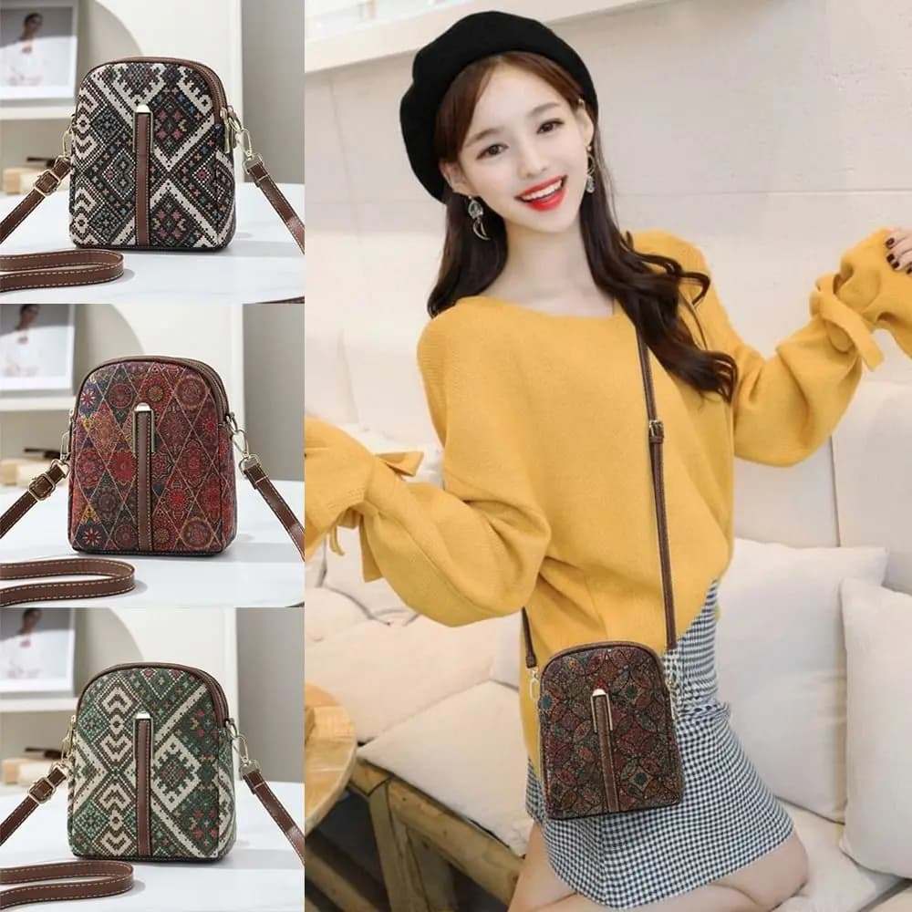 Women Fashion Bohemian Style Printed Phone Bag Ethnic Style PU Leather Single Shoulder Bag Luxury Versatile Handbag For Ladies