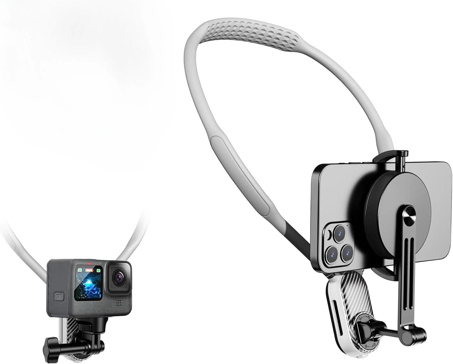 Supporto magnetico da collo per GoPro e telefono, supporto a sgancio rapido per video POV e vlog, supporto flessibile a forma di collana per action camera e telefono.