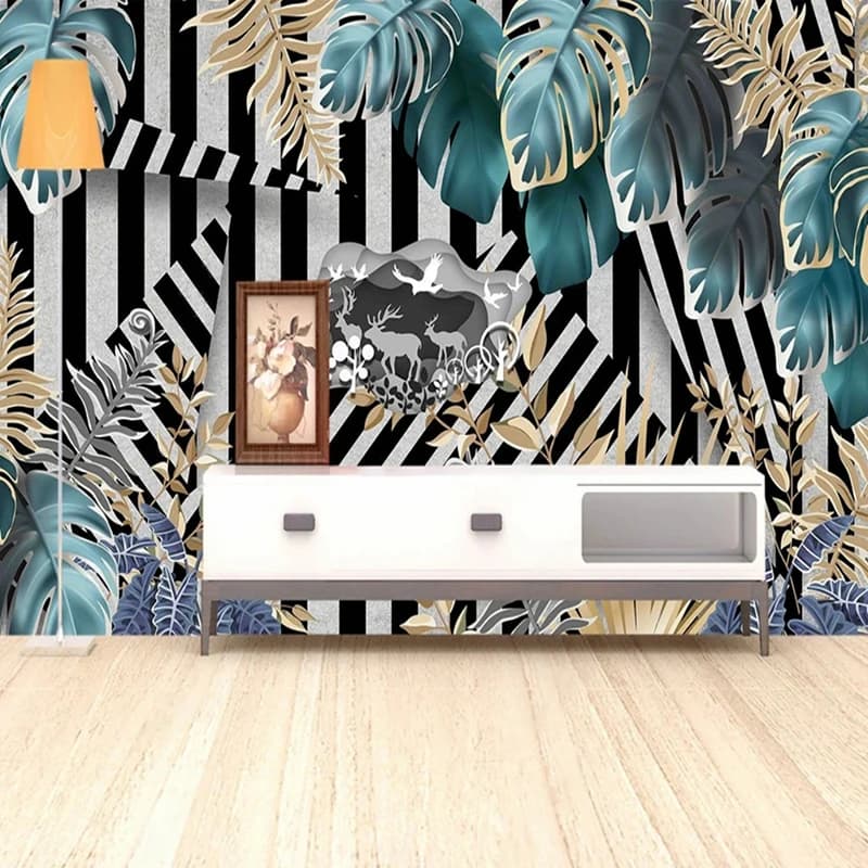 Nordic Tropical Plants Pattern Photo Mural Black White Geometric Stripes Background Big Leaves Wallpaper Home Decor Art Designs
