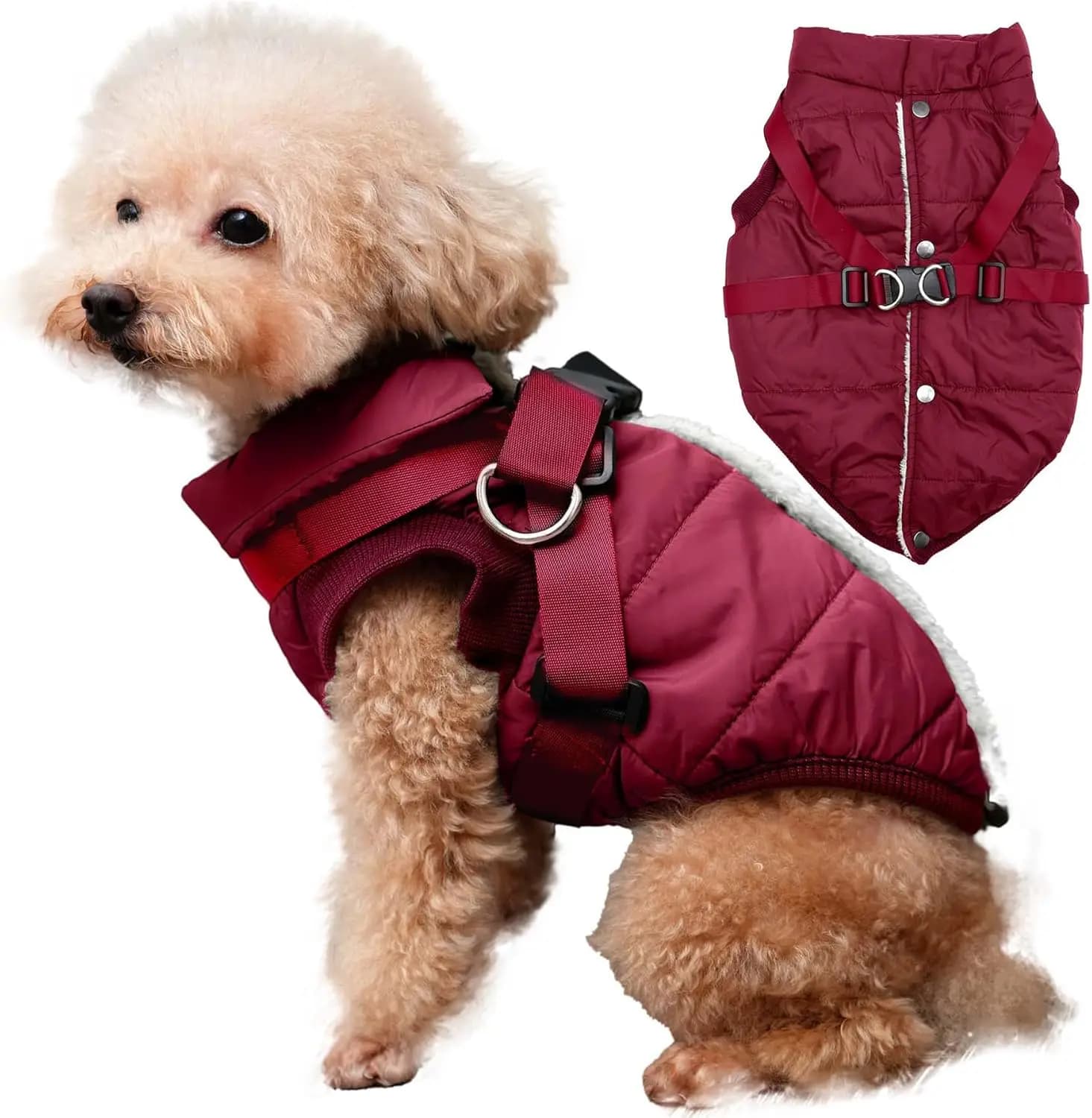 Giacca per Cani Foderata in Pile con Imbracatura, Cappotto Antivento per Cuccioli per l'Inverno in Rosso Taglia M