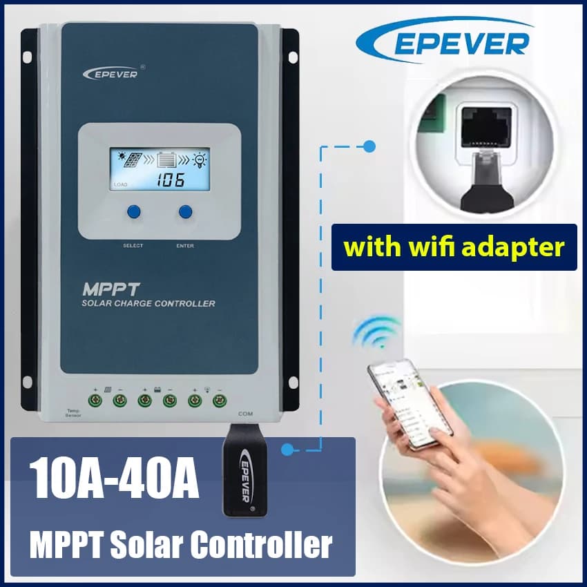 EPEVER 10/20/30/40A TracerANG3 MPPT Regolatore di carica solare con adattatore Wifi Monitor tramite APP telefonico Sistema 12/24V Pannello massimo 100V