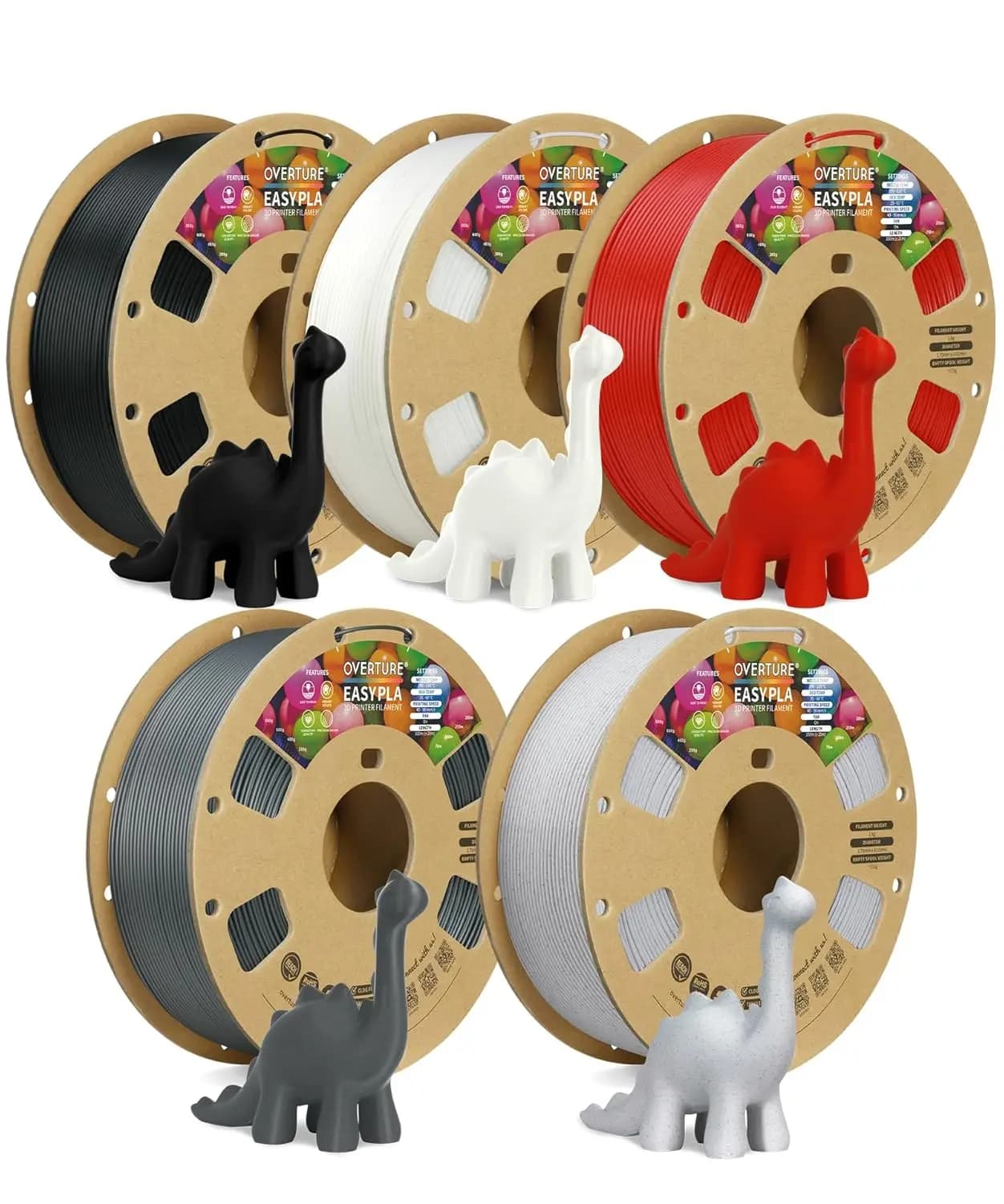 Filamento PLA 1,75mm per Stampante 3D, Bobina in Cartone da 5kg, Precisione Dimensionale +/-0,03mm, Compatibile con la Maggior Parte delle Stampanti FDM, 5 Colori