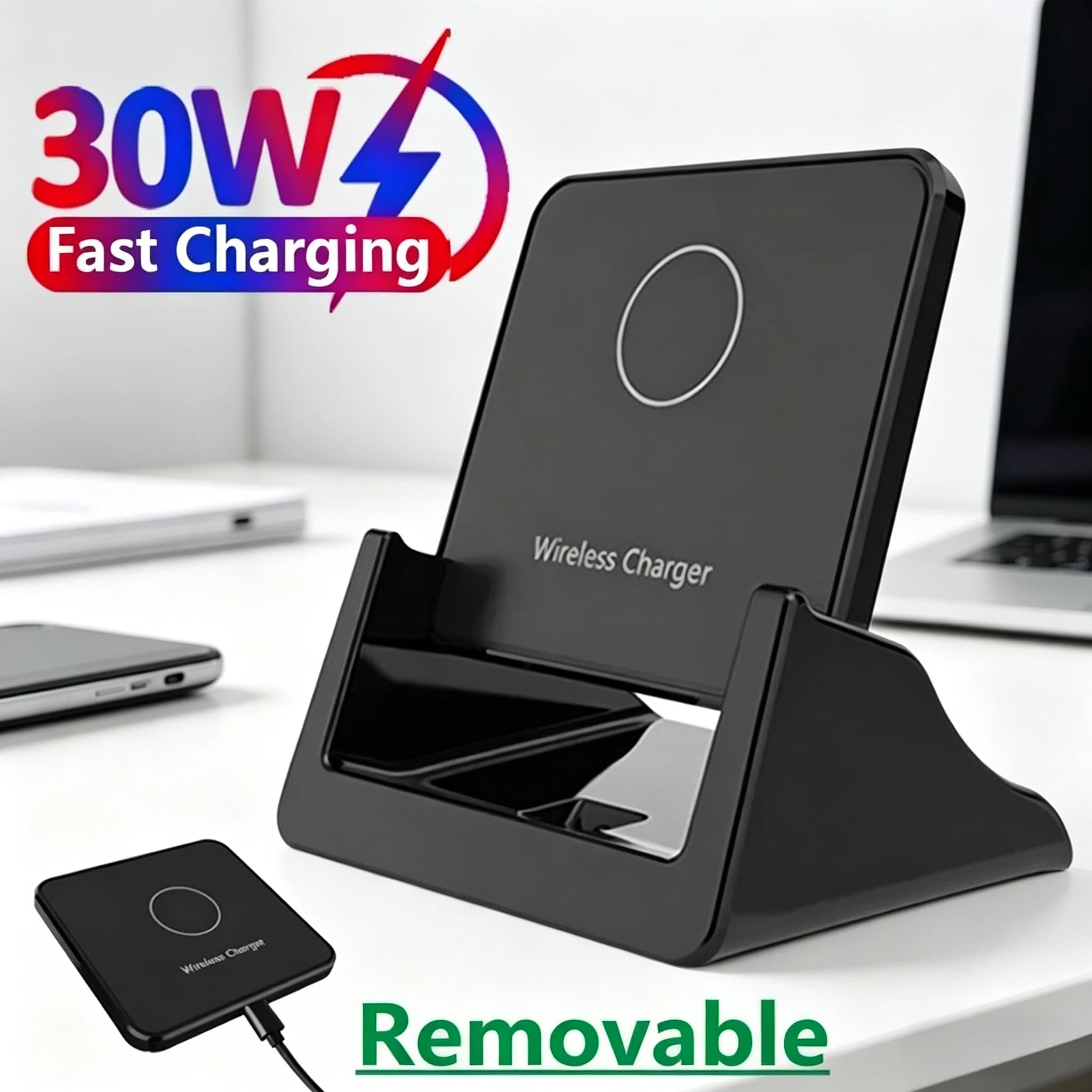 Removable 30W Wireless Charger Desktop Vertical Holder Stand For iPhone 17 16 15 14 13 12 Samsung S25 Xiaomi Quick Charging Dock