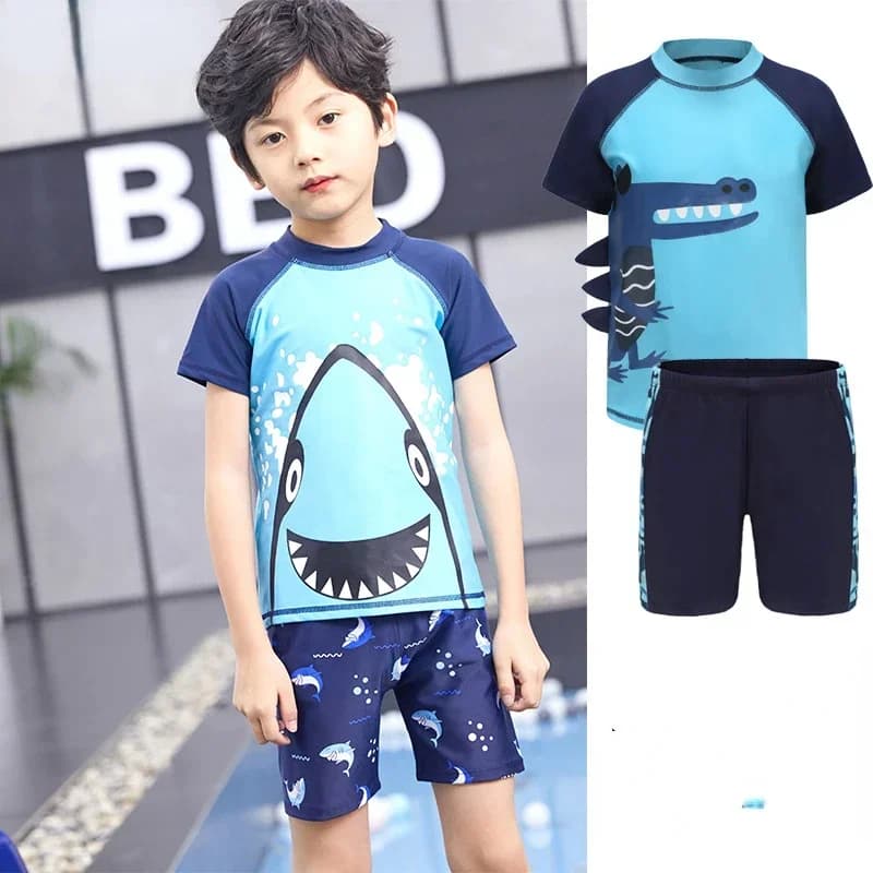 Swimwear divided into short sleeves with shark cartoon for children with swim cap, beachwear with sun protection, swimsuit for newborn, new,