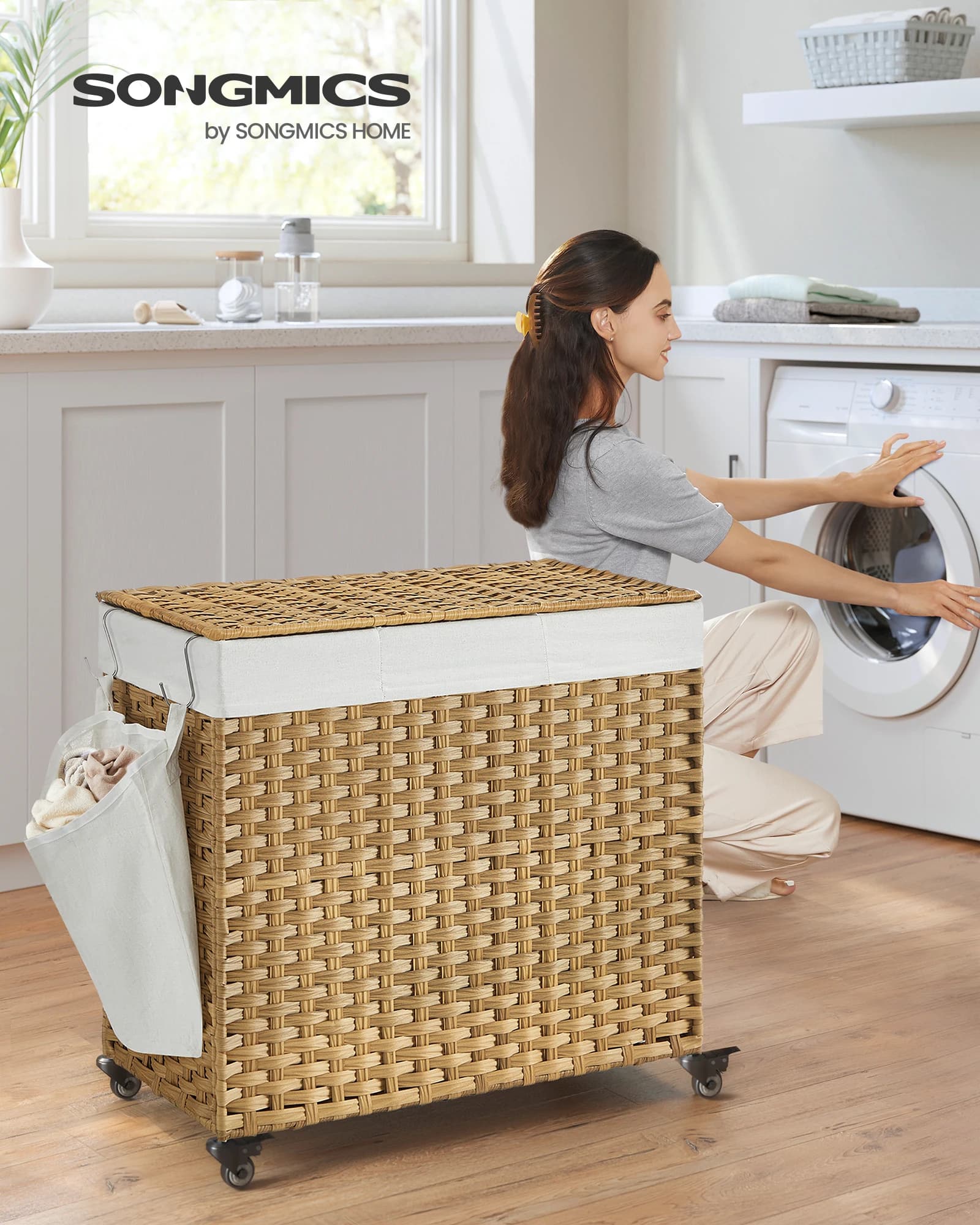 Cesto per Bucato SONGMICS con Coperchio, 160 L (42,3 Galloni), Cesto Portabiancheria con Ruote, 3 Scomparti in Rattan Sintetico, Rimovibile