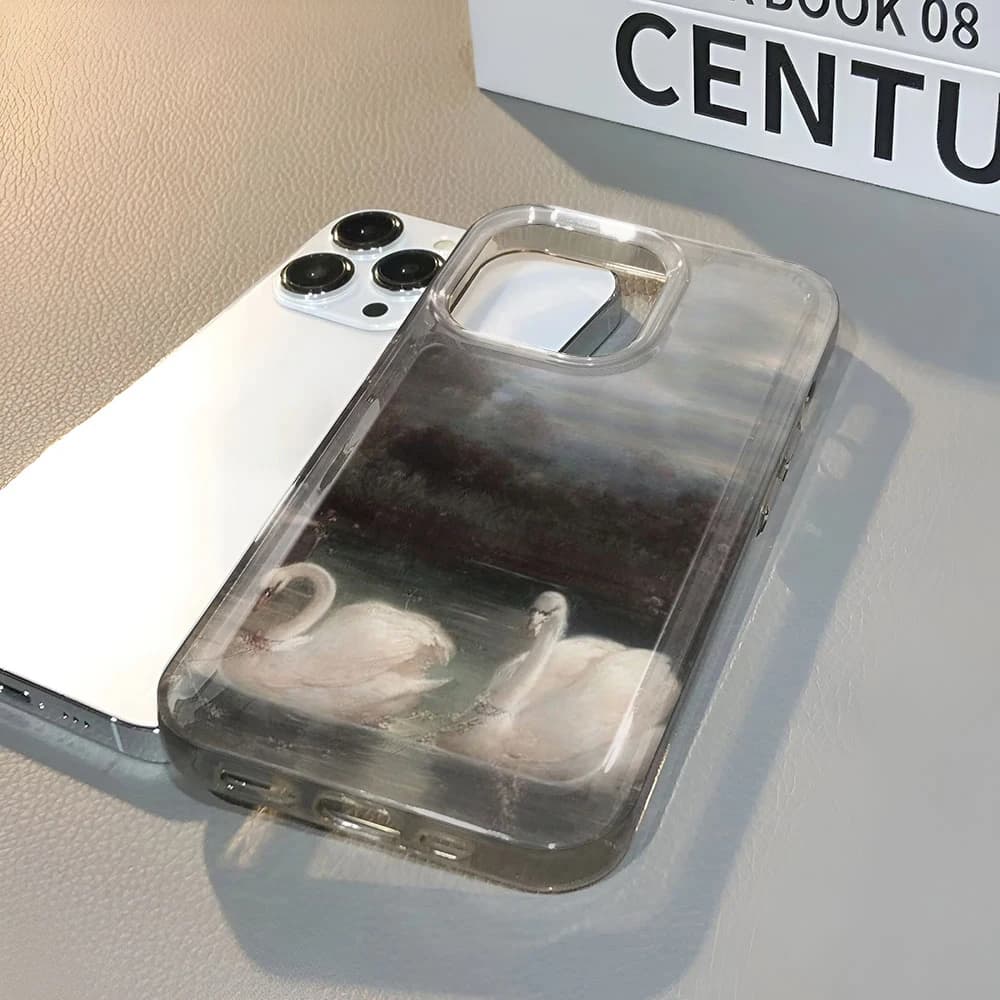 Oil Painting Swan Flexible Soft Tpu Case For Iphone 12 15 11 13 17 Air 14 16 Pro Max Plus Air Shock Absorption Cover