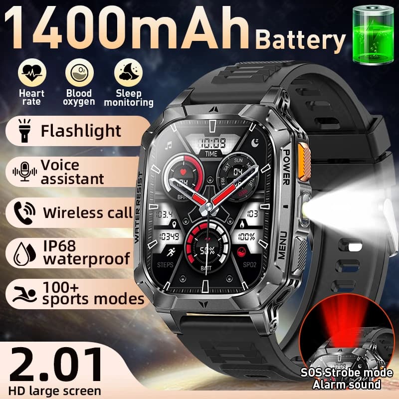 Nuovo Smartwatch Militare 2026 con Batteria da 1400 mAh, Schermo IPS da 2.01", Impermeabile IP68, per Sport e Fitness, con Chiamate BT