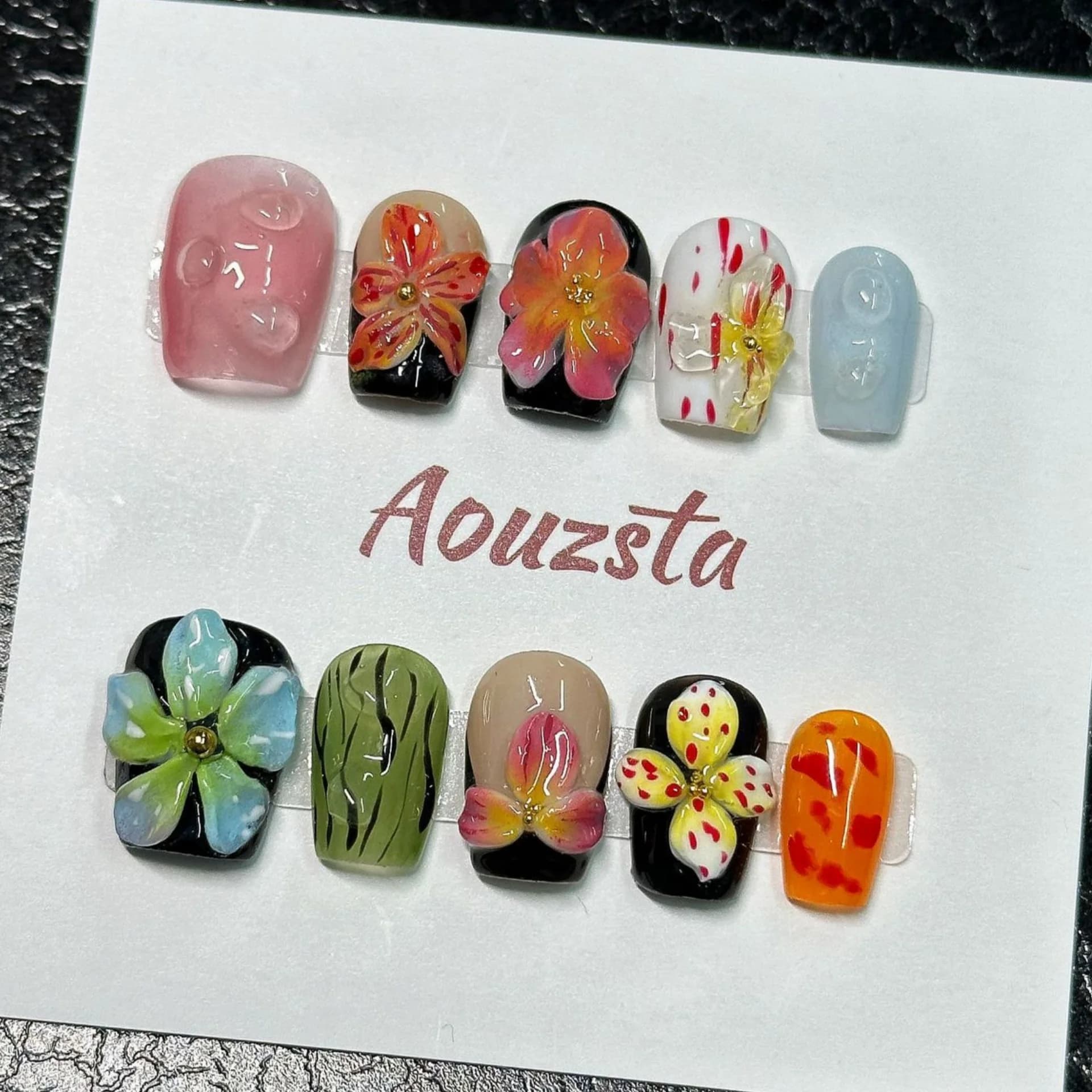 10 pieces hand-made print on fingernails fake French style pink black with 3D flower designs hand-painted summer fingernail tips at T court