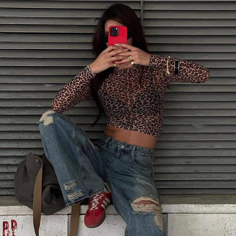 Top Sexy a Maniche Lunghe in Rete con Stampa Leopardata, Abbigliamento Donna Aderente per Feste, Club, Streetwear, Casual, Serate in Discoteca, Stile Y2K