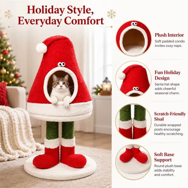 Custom Indoor Christmas Cat Tree Tower, Sisal Scratching Post with Plush Condo, Wholesale Elegant Cat Furniture