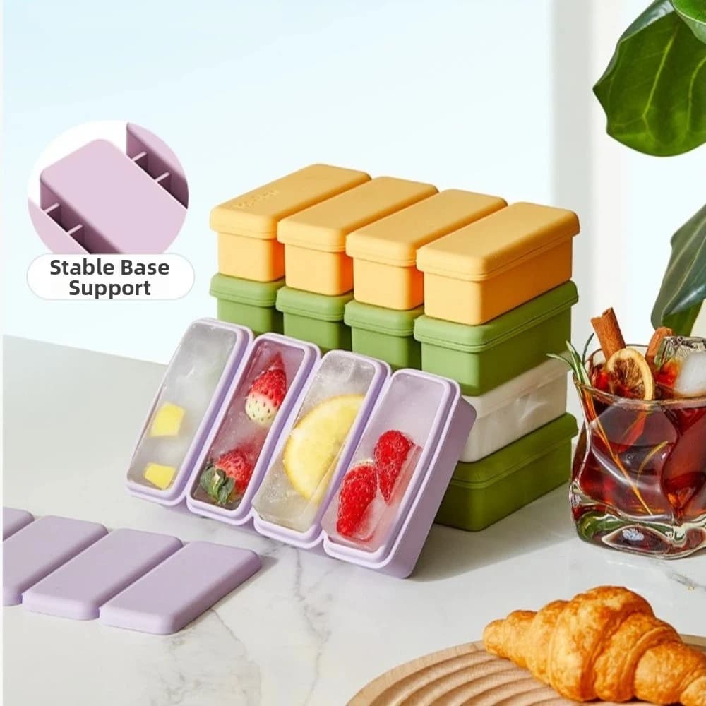 Nuovo vassoio per cubetti di ghiaccio in silicone a 4 scomparti, riutilizzabile con coperchio, contenitore per alimenti, stampi per congelatore a facile rilascio, per bevande ghiacciate