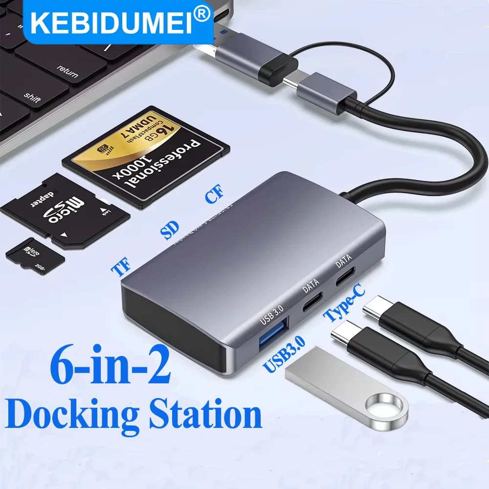 KEBIDUMEI Hub USB 3.0 6 in 2, Docking Station USB C, Lettore di Schede SD/TF/CF, Splitter USB Multifunzione, Adattatore OTG