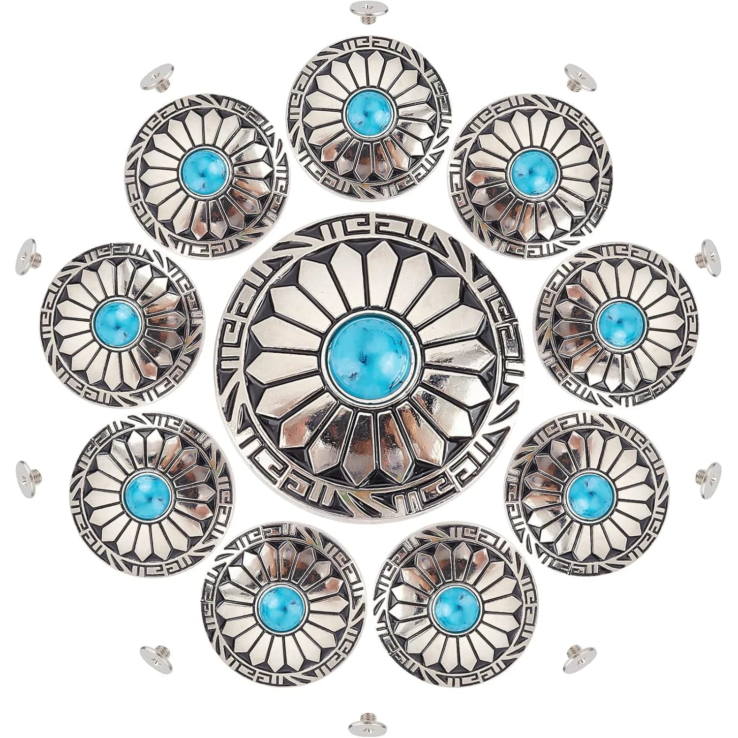 10Pcs Turquoise Buttons Western Conchos Screw Back Round Metal Sunflowers Pattern for DIY Luggage and Hardware Accessaries