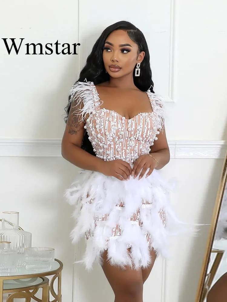 Wmstar Abiti da donna Nuovo Nail Bead Piuma Scollo a V Vita stretta Breve lussuoso Haute Couture Vestito da partito Dropshipping all'ingrosso