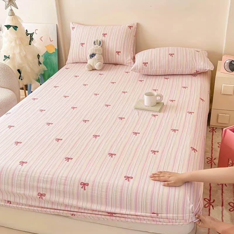 Pink Striped Bow Print Fitted Sheet Set Elastic Mattress Cover Soft Skin Friendly Bed Sheet With Pillowcases For Girls Bedroom