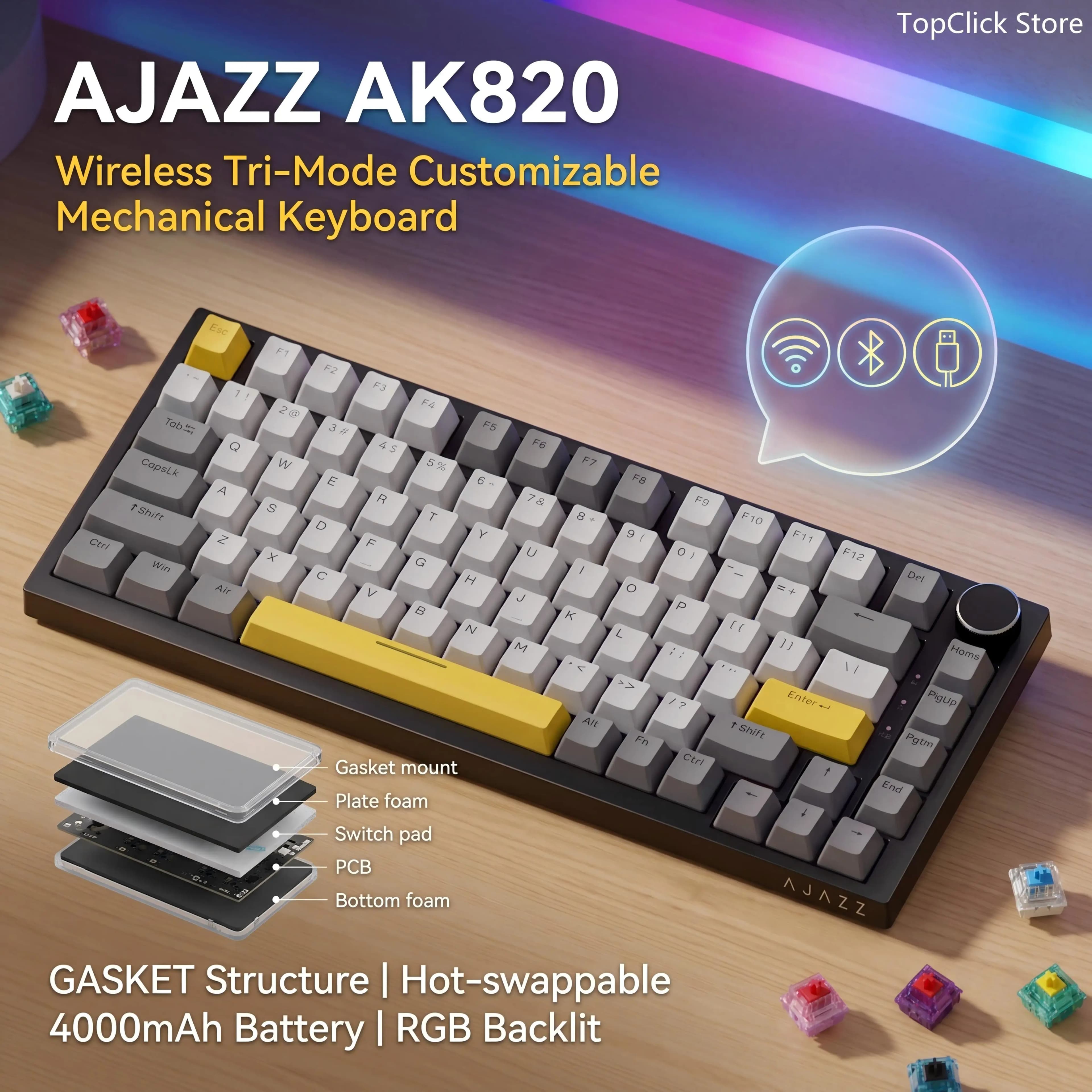 Tastiera Meccanica AJAZZ AK820 Layout Compatto 70%/Illuminazione RGB/Interruttori Hot-swappable, con Connessione Cablata, Wireless e Bluetooth