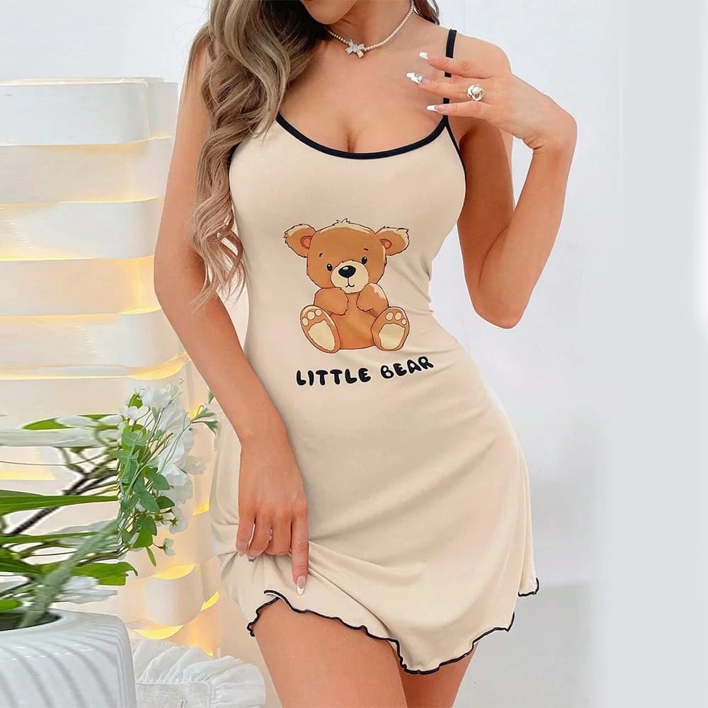 New Comfortable Suspenders Mini Dress Sexy Littler Bear Printed Women Sleepwear Leisure Nightgowns Summer