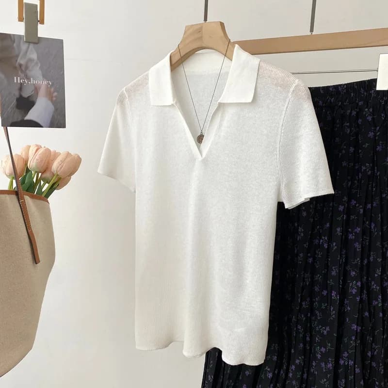 Dave&di 26 Summer New Product High Quality 42 Flax Fine Needle Pit Stripe Texture Slimming Flip Collar Short Sleeve Knitted Swea