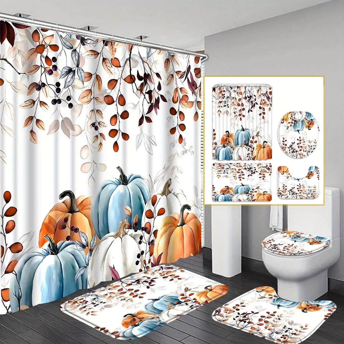 Set tenda da doccia zucca da 4 pezzi, tenda da doccia impermeabile per bagno, tappetino da bagno, tappetino per WC, tappetino a forma di U, decorazione del bagno