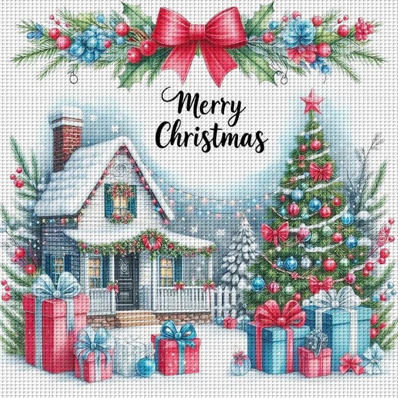 1 pezzo 36X36cm/14.17X14.17 pollici, kit fai da te per punto croce con stampa 11CT, Casetta di Natale, set di punto croce rilassante per principianti adulti