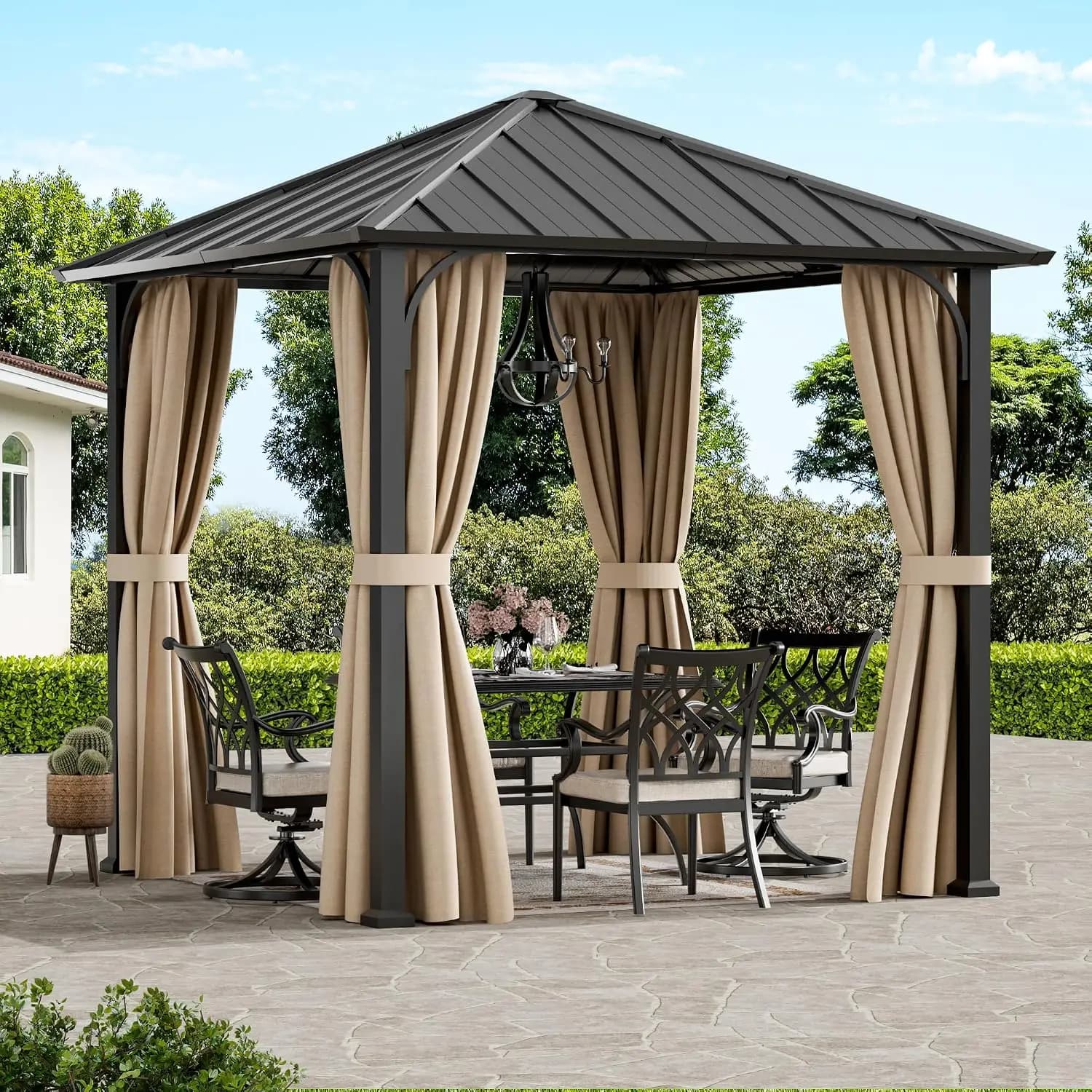 Modern Shade Hardtop Gazebo 8x8 with Privacy Curtains for Backyard, Black | Permanent Hard Top Gazebo with, Customized