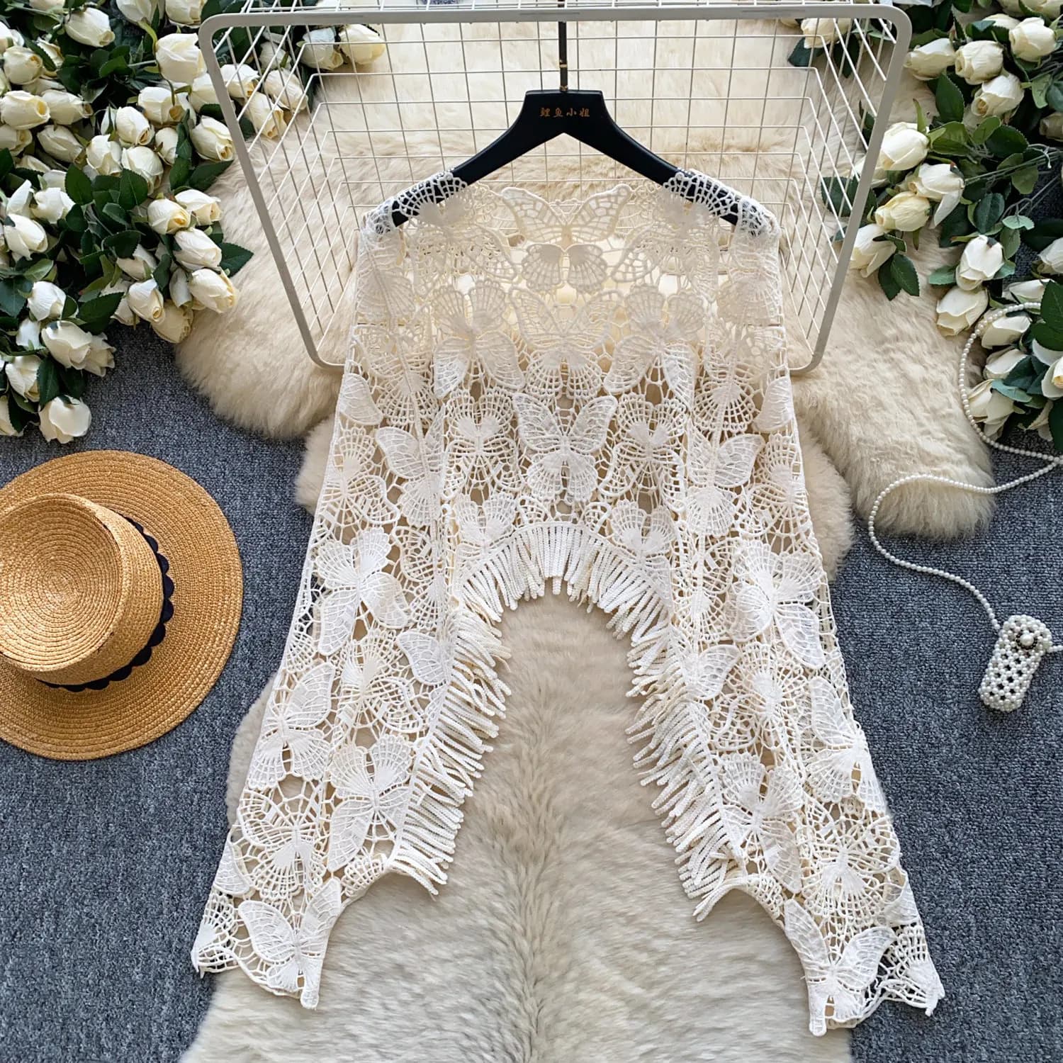 Chic Butterfly Cut Out Crochet Tassel Batwing Sleeve Vintage Capes Blouse Tops Sexy Elegant Autumn Women Pullover