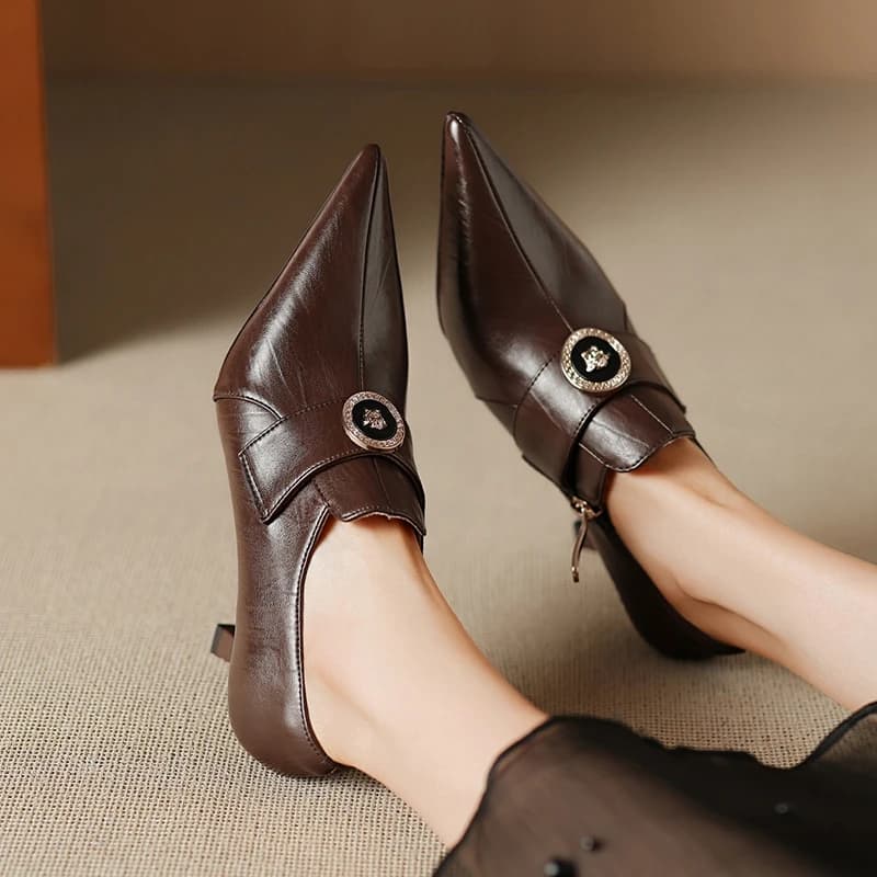 Nuove Scarpe da Donna Primaverili e Autunnali in Pelle di Vacchetta con Punta, Fibbia Metallica, Tacco Alto, Cerniera Laterale, Eleganti Scarpe da Lavoro alla Moda
